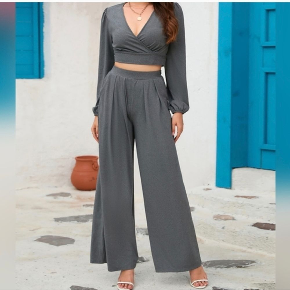 Cropped Wrap Top & Wide-Leg Pleated Pants Matching Set - Gray Sz S M L